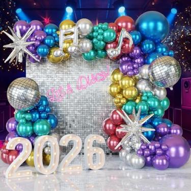 Imagem de ECEAE Metallic Balloon Garland Kit Disco Ball Colorful 80s 90s Retro Dance Party Chrome Decor 131Pcs in Silver, Green, Blue, Gold, Purple，Red for Bachelorette Sing Themed Boogie Karaoke Decoracion
