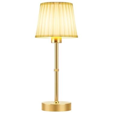 Imagem de Candeeiro de mesa portátil sem fio, bateria recarregável sem fio, abajur de tecido, iluminação alimentada, luz regulável para sala de jantar, quarto, cabeceira bar, luz noturna (bronze + abajur branco