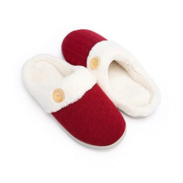 Imagem de Chantomoo Pantufa feminina quente e confortável com espuma de memória, sapatos de malha forrados com pele sintética, sola de borracha antiderrapante, chinelos aconchegantes para ambientes internos e externos, Vermelho, 11-12