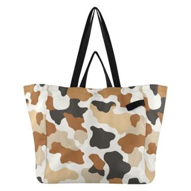 Imagem de SEHANY Sacolas de compras reutilizáveis com estampa de vaca marrom e branca com alças reforçadas, bolsa de compras de lona dobrável à prova d'água de grande capacidade para viagem, cozinha, praia