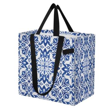 Imagem de SEHANY Sacolas de compras reutilizáveis de porcelana azul e branca com alças reforçadas, bolsa de compras de lona dobrável à prova d'água de grande capacidade para viagem, cozinha, praia