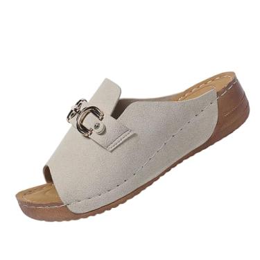 Imagem de Sandálias femininas de cor sólida com fivela de metal e sola grossa, Bege, 34