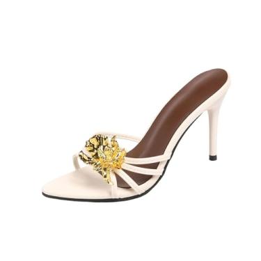 Imagem de Sandálias femininas de salto alto com bico fino floral e bico aberto, design de cor sólida para uso casual primavera verão, Branco, 35