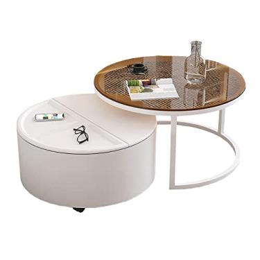 Imagem de U5GAAALPPQ9 Mesa de centro com armazenamento, mesa extensível na sala de estar, mesa de centro em madeira maciça e vidro temperado, branca e laranja (branca)