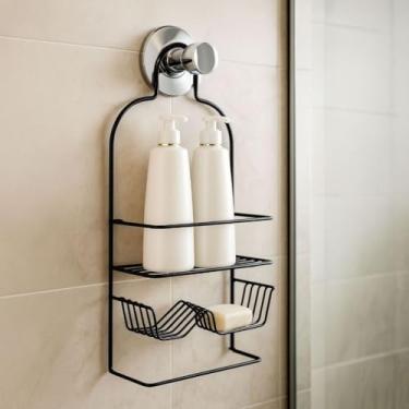 Imagem de porta shampoo com saboneteira, organizador multifuncional de banheiro, prateleira para produtos de higiene (Preto)