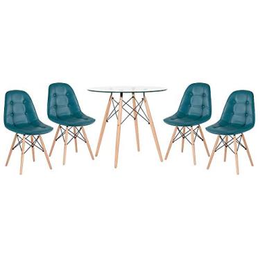 Imagem de Loft7 Home Decor, Kit Mesa de Vidro Eames 80 cm + 4 Cadeiras Eames Botonê - Turquesa
