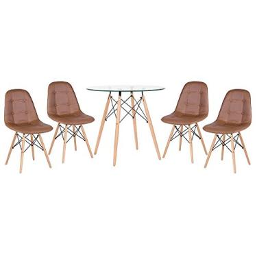 Imagem de Loft7 Home Decor, Kit Mesa de Vidro Eames 80 cm + 4 Cadeiras Eames Botonê - Marrom