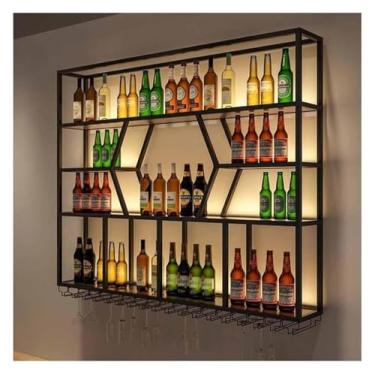 Imagem de Rack de vinho LED montado na parede, suporte de garrafa e vidro Prateleiras flutuantes de metal Cálice suspenso para casa, restaurante, bares (cor: preto-B, tamanho: 120 x 20 x 125 cm)