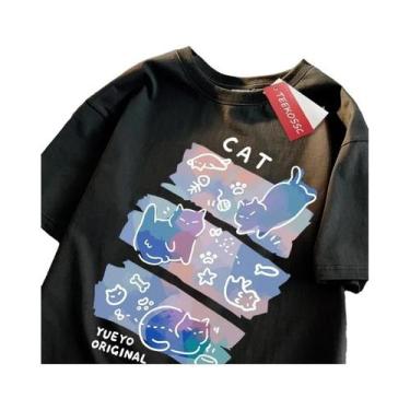 Imagem de Camiseta De Algodão Estilo Japonês Com Estampa Divertida De Gato Para 