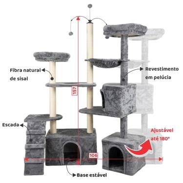 Imagem de Arranhador de gato grande, luxuoso, ajustável, multifuncional com casas, camas, cesto, poleiros e brinquedo giratório