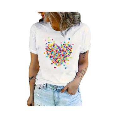 Imagem de Camiseta Casual Feminina Com Estampa De Coração, Manga Curta, Decote R