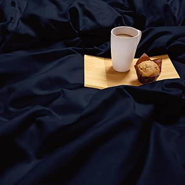 Imagem de Sunday Home Lençol liso 100% algodão de 400 fios, Queen azul marinho sólido - Lençol de cima de algodão penteado de grampo longo - Respirável, sedoso luxuoso tecido de cetim com bainha de 10 cm