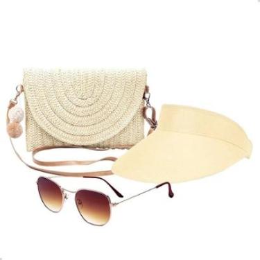 Imagem de Kit Bolsa de Palha Feminina + Viseira Solar + Óculos de Sol Uv Moda Praia-Feminino