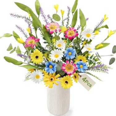 Imagem de YILIUFA 4 pacotes de flores artificiais de margaridas falsas flores silvestres arranjos florais de seda para casa, sala de estar, cozinha, mesa, vaso para decoração de festa de casamento