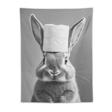 Imagem de Tapeçaria de chapéu de papel higiênico de coelho impressão artística preta branca para quarto sala de estar dormitório decoração de casa com adorável design de animal pequeno Tapeçaria 76 x 101 cm