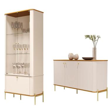 Imagem de Conjunto Cristaleira E Aparador Buffet Tucupí Com 3 Portas Off White/nature/dourado
