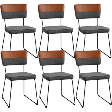 Imagem de Kit 06 Cadeiras Faixa Couríssimo Camel Linho Cinza Escuro