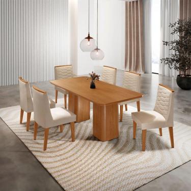 Imagem de Mesa De Jantar Eloise 180cm Tampo MDF Com 6 Cadeira Moderna Veludo Creme Naturale