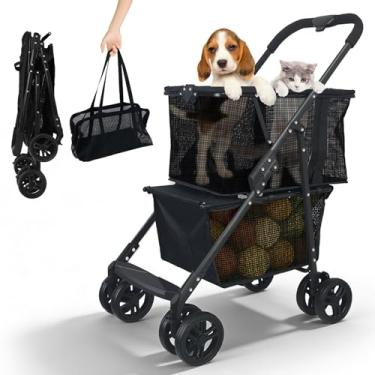 Imagem de Carrinho de compras dobrável e animal de estimação, 50 kg, carrinho pessoal 2 em 1 com cesta removível e carrinho inferior para cães, dobrável com uma mão, carrinho utilitário dobrável para compras