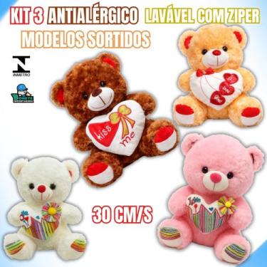 Imagem de Kit 3 Ursos de Pelúcia Love 30cm Sortidos Antialérgicos - Toy King