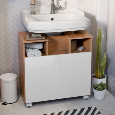 Imagem de Gabinete para Banheiro para Pia de Coluna com Portas e Nichos Abertos – Organizador Moderno para Debaixo da Pia Pintura 3D Efeito Ripado