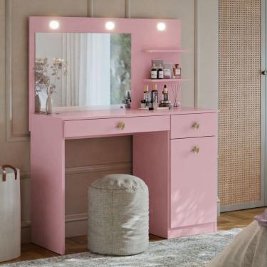 Imagem de Penteadeira Jolie com Espelho Grande e Luzes LED Camarim 1 Gaveta 1 Porta Prateleiras 90cm – Ideal para Maquiagem e Organização