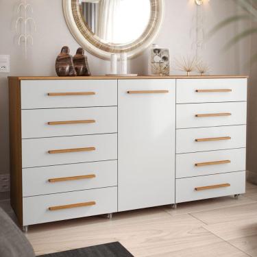 Imagem de Cômoda Multiuso 10 Gavetas 1 Porta Ferrari Com Rodízios Madeirado/off White