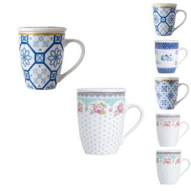 Imagem de Kit 2 caneca porcelana branca tampa filtro xicara infusor para cha cor
