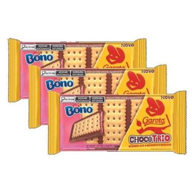 Imagem de 3 Chocolate trio Biscoito Bono Recheio Morango Garoto 90g