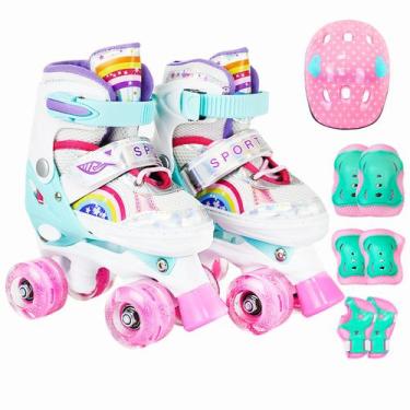 Imagem de Patins Infantil 4 Rodas Ajustável Rodinha Led Arco Iris Kit Proteção C