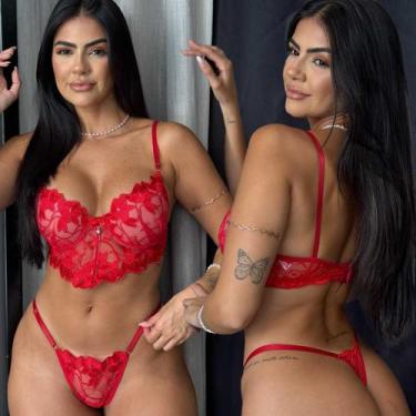 Imagem de Lingerie Com Bojo Renda Tule Bordado Sexy Sensual Calcinha - Like4you,