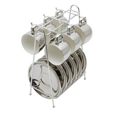 Imagem de Conjunto De 6 Xícaras De Café Com Pires e Suporte Versa Prata/Branco 9
