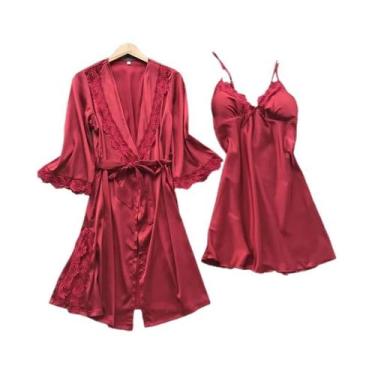 Imagem de Conjunto De Pijamas De Seda Para Mulheres Com Robe De Renda E Decote E