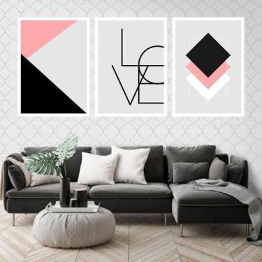 Imagem de Kit 3 Quadros Decorativos Love Geométrico Rosa 34x23cm - Quadros On-Li