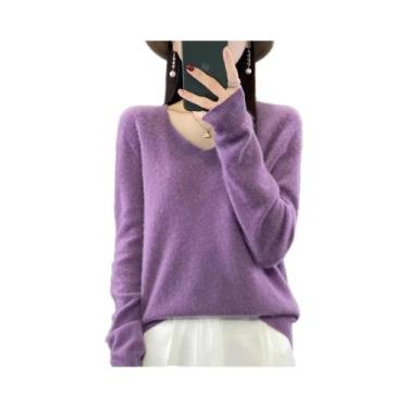 Imagem de Suéter Feminino De Lã Merino E Cashmere Com Decote Em V, Manga Longa, 