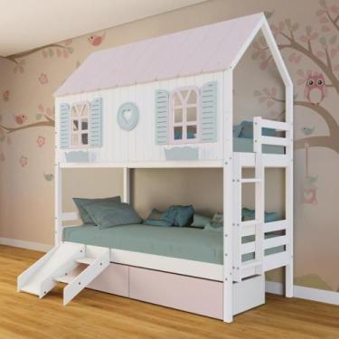 Imagem de Beliche Casinha Bela Com Coração 2 Gavetas Rosa Kit Escada-escorregado