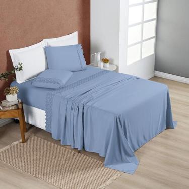 Imagem de Jogo de Cama Lençol Queen 4 Peças 200 Fios Lençol Plano Detalhe Bordad