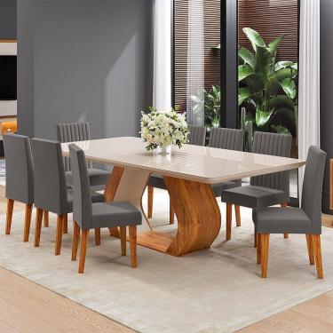 Imagem de Conjunto de Sala de Jantar 8 Lugares Retangular Tampo em Vidro e Mdf Renova Mel/Off White/Cinza