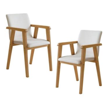 Imagem de Kit 2 Cadeiras com Braço para Sala de Jantar Pés Madeira Maciça Flora Cinamomo/Palha