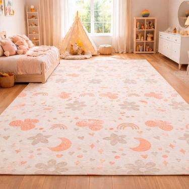 Imagem de Tapete Infantil Antiderrapante Borboletas Retangular Era Uma Vez Natural/ Rosa / Bege