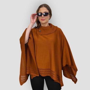 Imagem de Poncho Feminino Tricot Mousse Liso Gola Alta Casaco Inverno - GIP, Ter