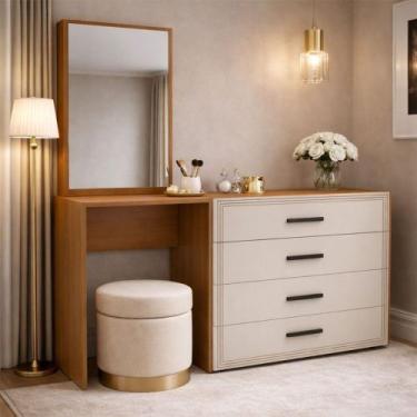 Imagem de Cômoda Valência 4 Gavetas com Espelho Creme/Freijó - Politorno, Bege