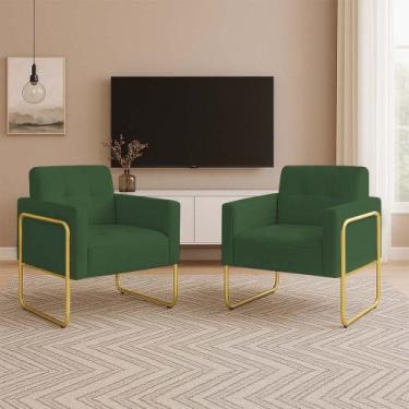 Imagem de Poltrona Sala Industrial Alta Tubo Dourado Kit 2 Elisa Suede Verde D03