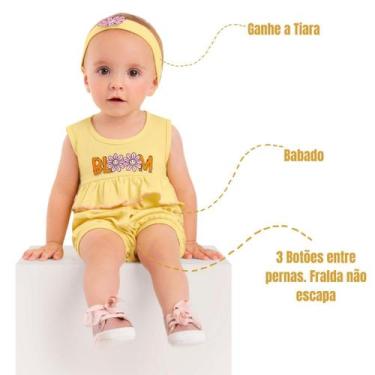 Imagem de Macacão Bebê Menina Verão Curto Algodão Estampado com Babados + Tiara 