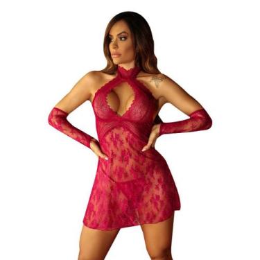 Imagem de Camisola Curta Gola Alta Rendão Sedutora Completa - S. Paixão, Púrpura