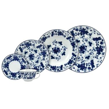 Imagem de Aparelho de Jantar Folhagem Azul 30 Peças Porcelana Floral para Uso Diário Branco e Azul Schmidt