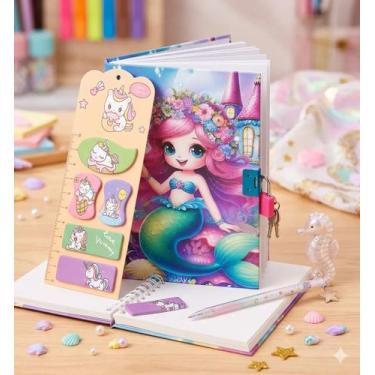 Imagem de Kit Papelaria Fofa: Caderno Sereia Com Cadeado + Adesivos - Lazer e Es