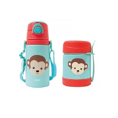 Imagem de Kit Sufe Pote com Talher + Garrafa Térmica Macaco Azul, Verde, Rosa Isolado Termicamente 2 Contagem Caixa
