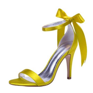 Imagem de Sandálias femininas de salto com tira traseira de cetim prata casamento sandálias de salto alto vestido de noiva sapatos de noite 10,5 cm sapatos de trabalho aberto, Amarelo, 6.5