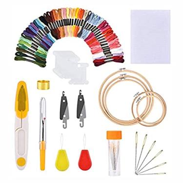 Imagem de Kit Agulha Para Bordados Ponto Cruz + 5 Bastidores + Linhas 50 Cores